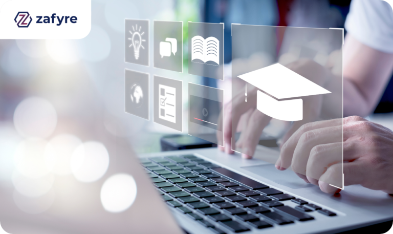 Person using a laptop with digital education icons representing adaptive learning technology in healthcare training