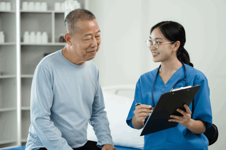 A nurse discussing diabetes management with an older patient, holding a clipboard and providing guidance based on national care guidelines.