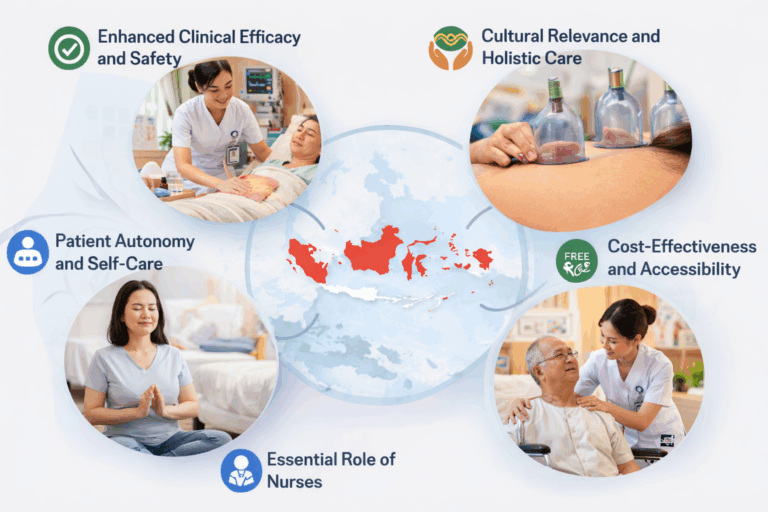 Infographic explaining why non-drug pain relief techniques matter in Indonesian healthcare, highlighting safety, culture, patient self-care, accessibility, and nurses’ roles.