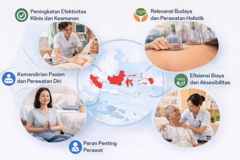 Infografis yang menjelaskan pentingnya teknik pereda nyeri tanpa obat dalam pelayanan kesehatan di Indonesia.